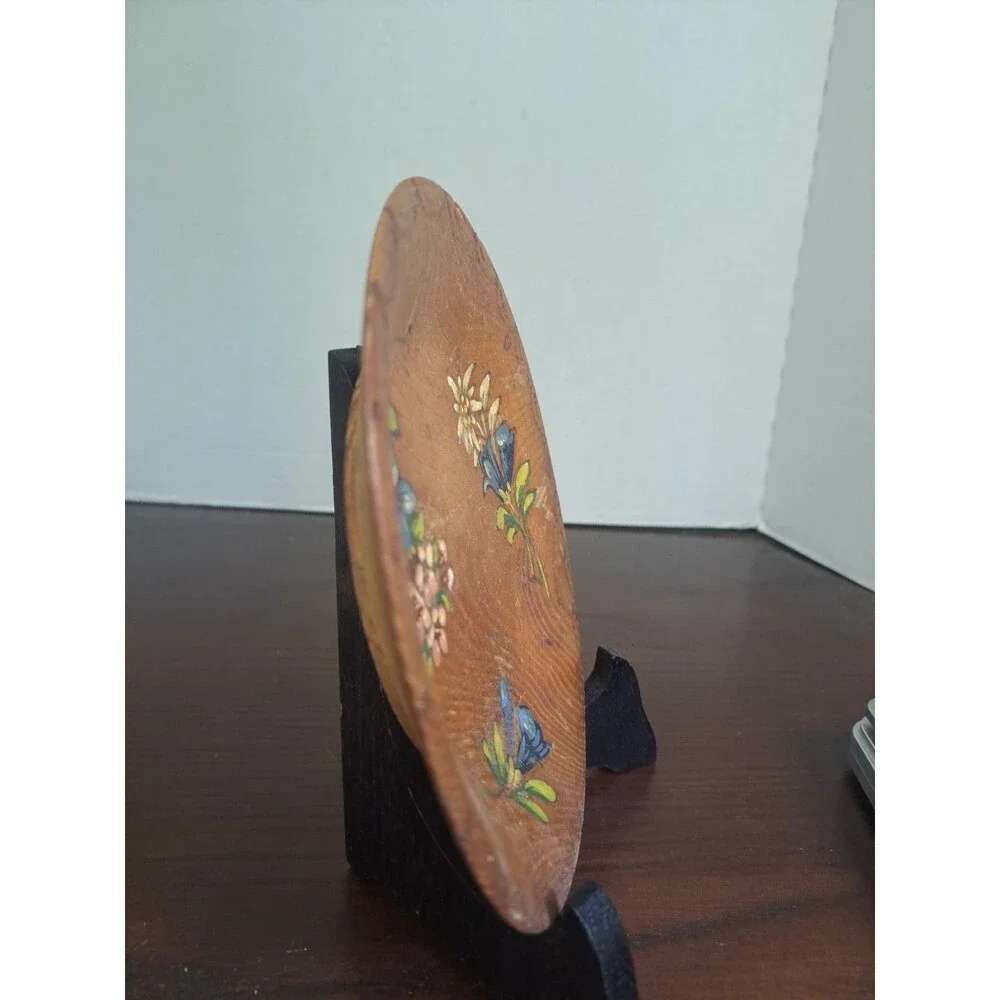 Vintage Alpine Style Floral Handpainted Wooden Decorative Plate